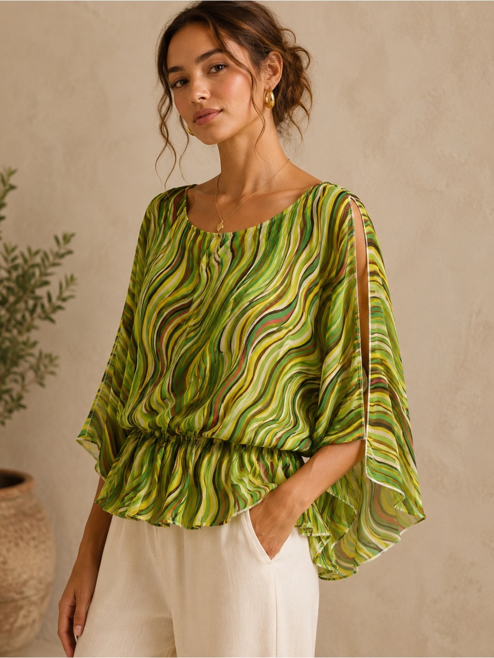 AZI Green Abstract Swirl Kimono Sleeve Blouse Size Large